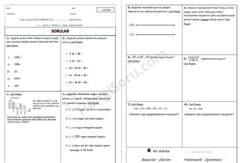 8 Sınıf Matematik 1 Dönem 2 Yazılı Soruları 2021 2022 Yeni Hangisoru