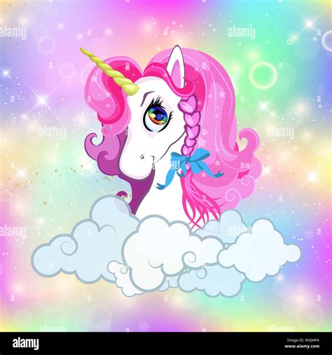 Unicorn Head With Pink Mane Portrait On Bright Rainbow Kawaii Universe