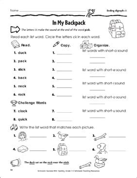 In My Backpack Ending Digraph Ck Printable Skills Sheets