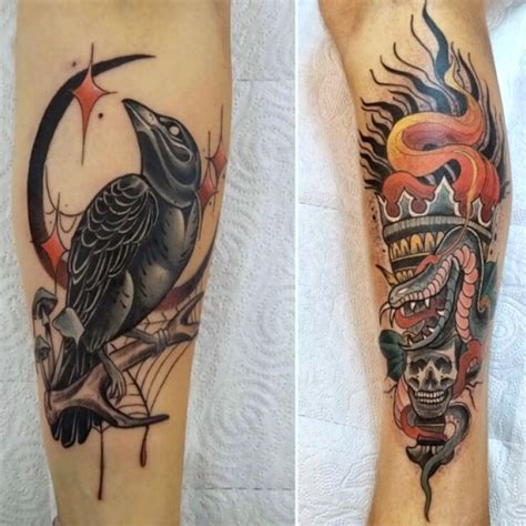 Tatuaż oldschoolowe wlepy kruk i wąż Autor Lucky Tattoo dziarownia pl