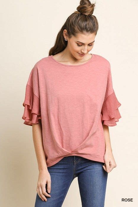 Umgee Ruffle Sleeve Top In Rose With Center Waist Pintuck