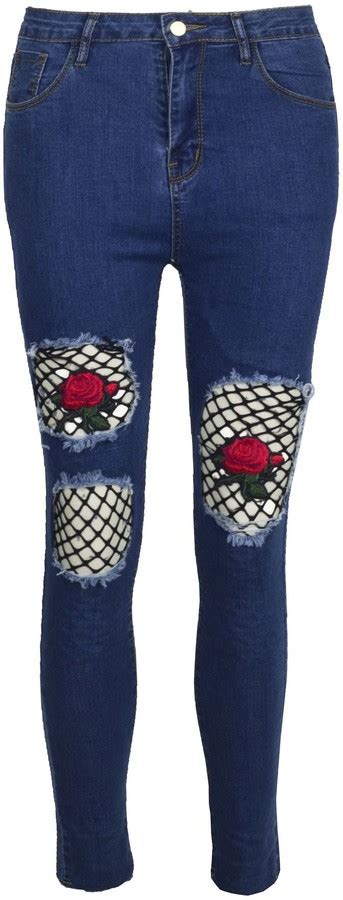 Fashion Star Womens Rose Embroidery Ripped Destroyed Knee Cut Out Denim