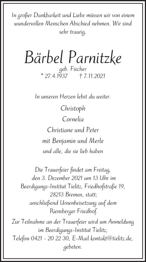 Traueranzeigen Von B Rbel Parnitzke Trauer Gedenken