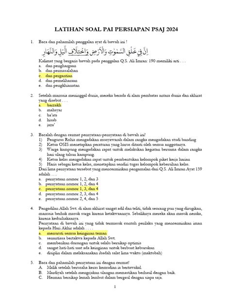 Latihan Soal Psaj Pai 2024 Pdf