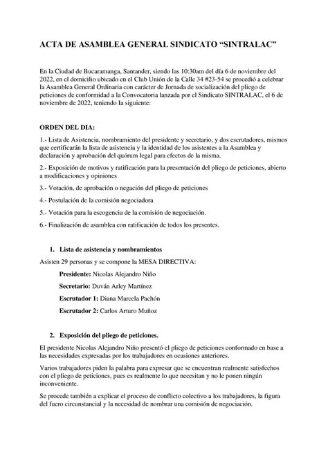 Acta De Asamblea Del Sindicato Acta De Asamblea General Sindicato “sintralac” En La Ciudad De