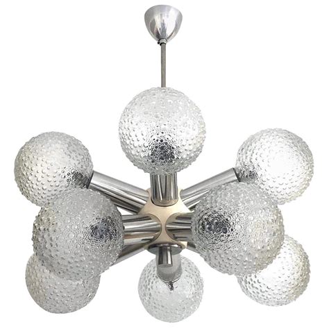 Lampadario A 10 Luci Sputnik Orbit In Ottone E Vetro Smerigliato Ball