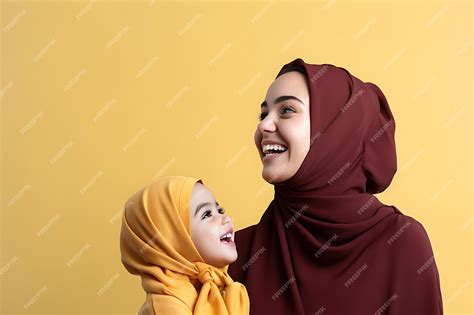 Premium Photo Portrait Of Muslim Mother And Daughter Smiling Over