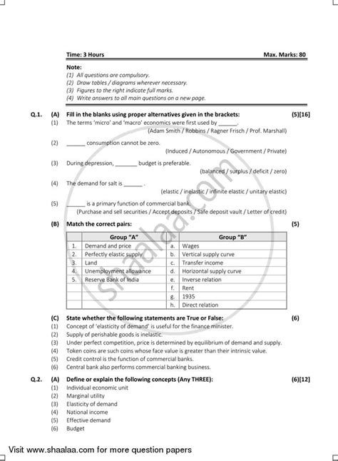 Question Paper HSC Commerce 12th Board Exam Economics 2017 2018 With