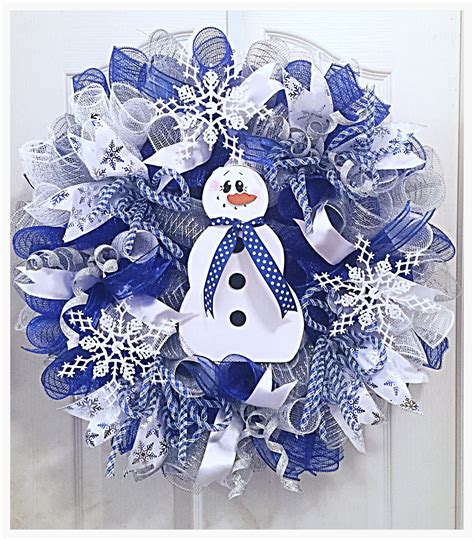 Snowman Snowflake Deco Mesh Wreath Blue Snowman