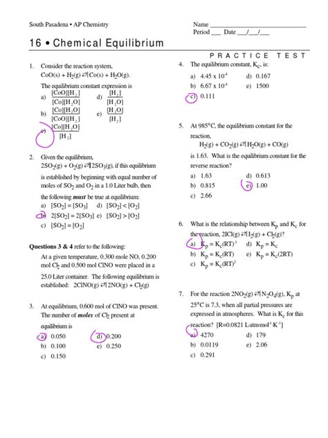 Chemical Equilibria Worksheet For Higher Ed Lesson Planet