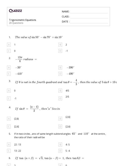 Trigonometric Equations Worksheets For Th Class On Quizizz Free