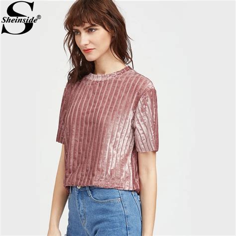 Sheinside Ribbed Velvet Tee Women Pink Crew Neck Short Sleeve Plain T