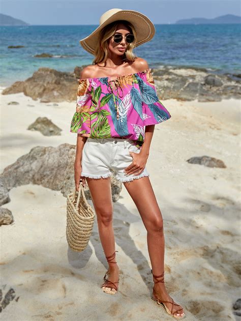 Shein Vcay Blusa Con Estampado Tropical De Hombros Descubiertos De