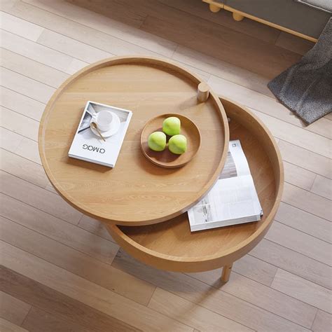 Modern Round Wood Rotating Tray Coffee Table With Storage And Metal Legs