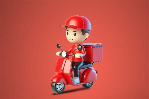 Delivery Man With Parcel Box And A Motorcycle D Rendering Premium Ai