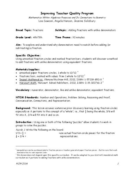 Adding Fractions With Unlike Denominators Lesson Plan For 4th 5th Grade Lesson Planet