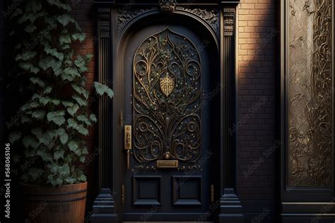 Gothic Style Doorway With Arch And Ebony Door Entrance With Art Deco