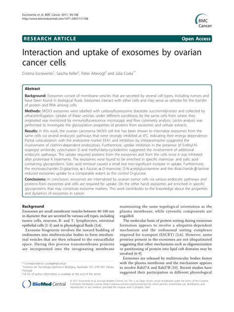 Pdf Interaction And Uptake Of Exosomes By Ovarian Cancer Cells