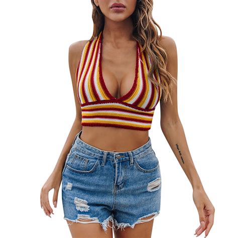 Vbarhmqrt Tank Tops For Women Women Sexy Crop Top Deep V Neck Back