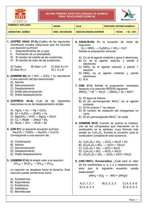 Práctica dirigida de reacciones químicas PDF