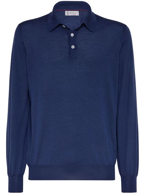 Brunello Cucinelli Long Sleeve Fine Knit Polo Shirt Blue FARFETCH UK