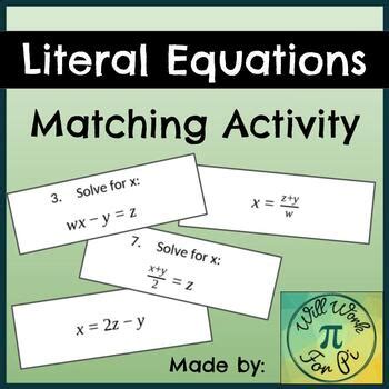 Literal Equations Matching Activity By Will Work For Pi Tpt