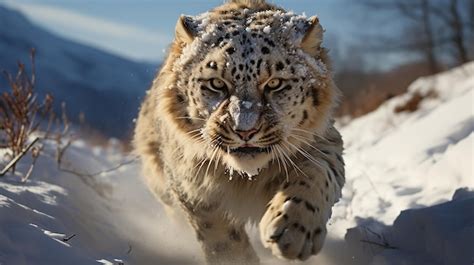 Premium AI Image | a snow leopard running in the snow with a mountain in the background