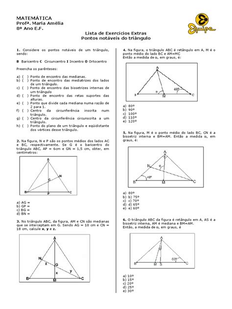 Exercícios Pontos Notáveis Do Triângulo 8º Ano 28 05 2014