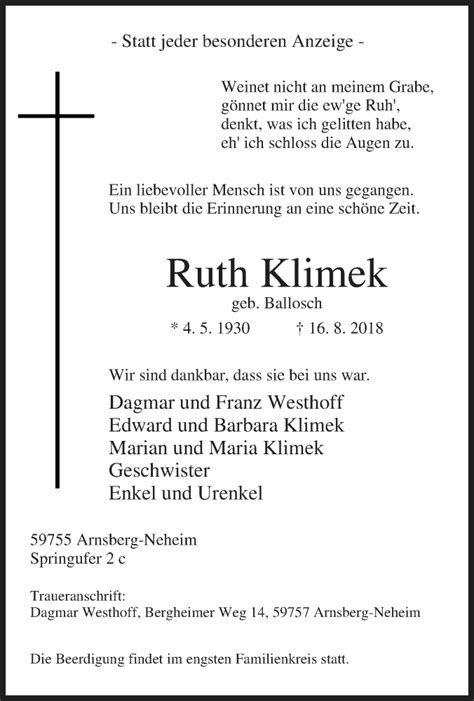 Traueranzeigen Von Ruth Klimek Trauer In Nrw De