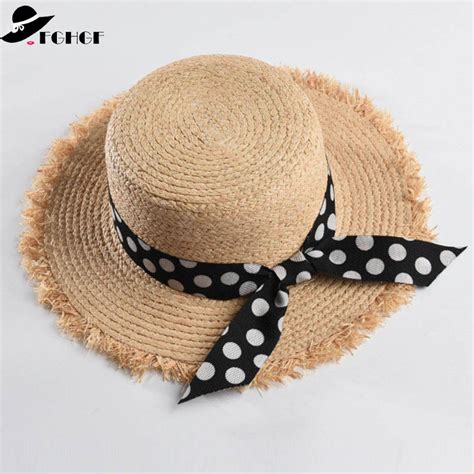 Classical Ladies Raffia Hats Ribbon Bowknot Accent Fringed Wide Brim