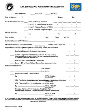 Fillable Online Chip Wv ABA SERVICES PRE AUTHORIZATION REQUEST FORM Fax