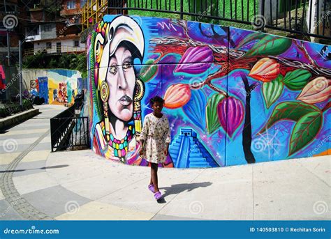 MEDELLIN COLOMBIA AUGUST 15 2018 Mural Painting In Comuna 13