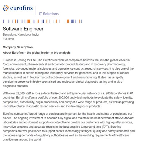 Eurofins Mass Hiring For Freshers B E B Tech M E M Tech Mca