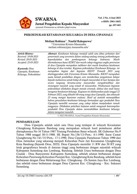 Pdf Psikoedukasi Ketahanan Keluarga Di Desa Cipanjalu