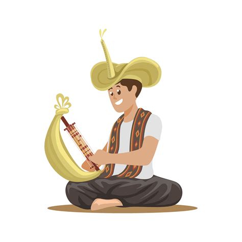 Man Playing Sasando Traditional Music Instrument From Indonesia Cartoon