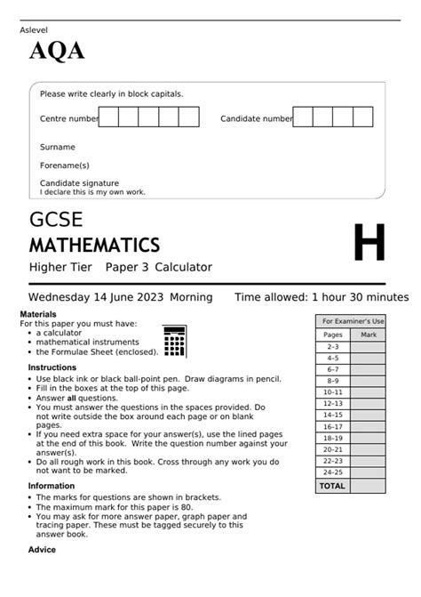 AQA GCSE MATHEMATICS Higher Tier Paper 3 JUNE 2023 QUESTION PAPER
