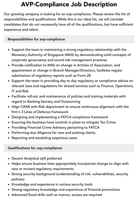 AVP-Compliance Job Description | Velvet Jobs