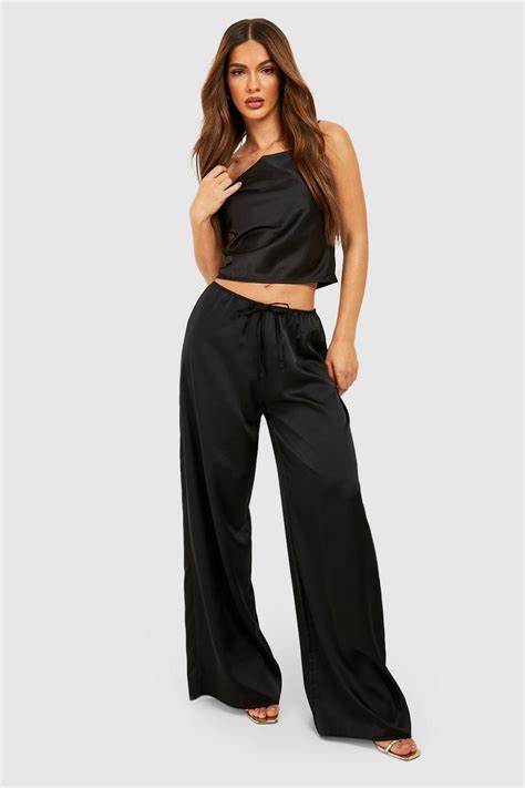 Womens Champagne Satin Wide Leg Trousers Boohoo Uk