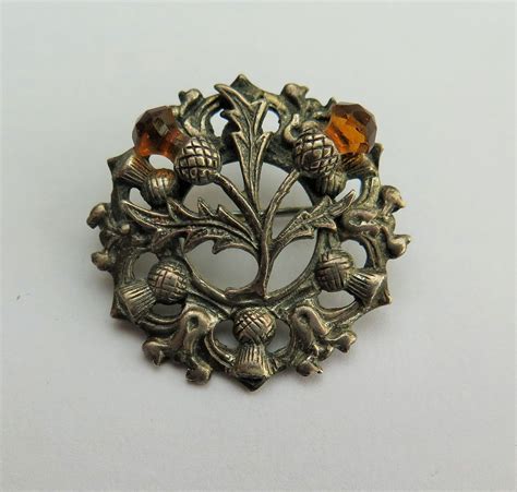 Antique Vintage Silver Scottish Celtic Thistle Brooch With Cairgorm