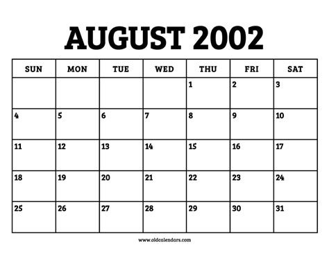 Calendar August 2002 – Printable Old Calendars