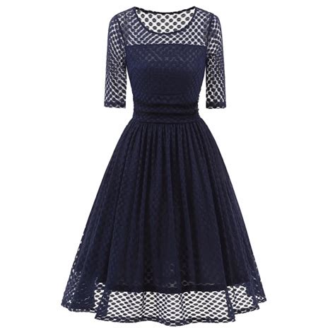 Vintage Retro Hepburn Style Sexy Lace Dress See Through Dots Lace