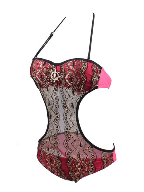 Burgundy Monokini Swimsuit Halter Lace Illusion Womens One Piece