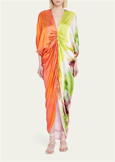 Silvia Tcherassi Cloister Watercolor Print Ruched Midi Silk Dress