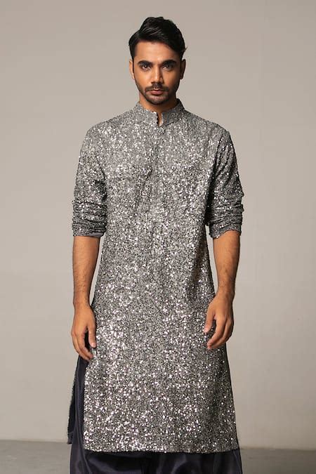 Buy Grey Kurta Georgette Pant Organza Sequin Embellished Set For Men By