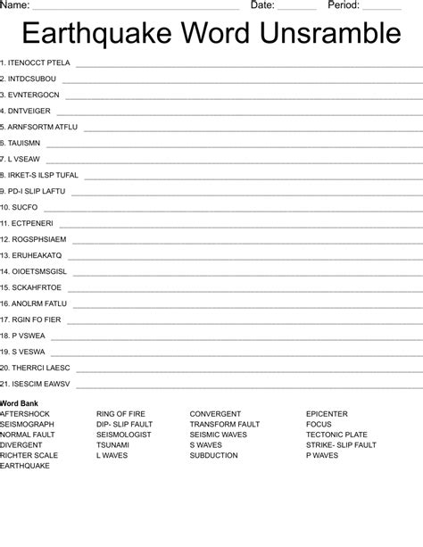 Earthquakes Word Scramble Wordmint