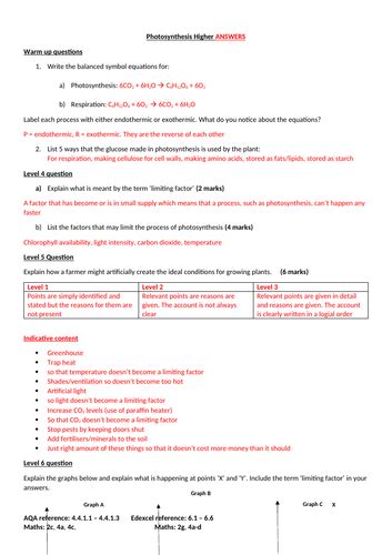 Gcse Biology Photosynthesis Revision Worksheet Teaching Resources