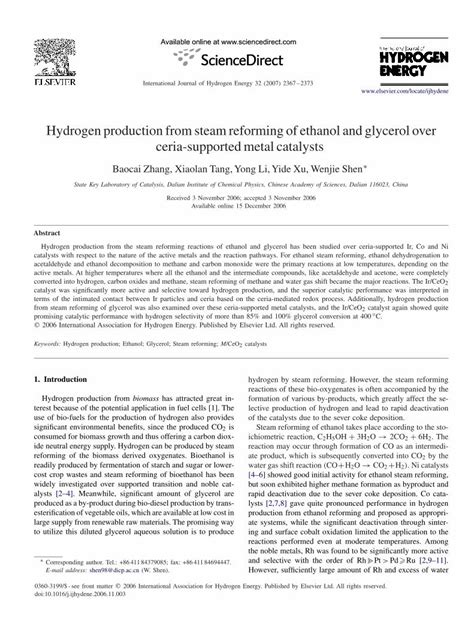 PDF Hydrogen Production From Steam Reforming Of Ethanol And Glycerol