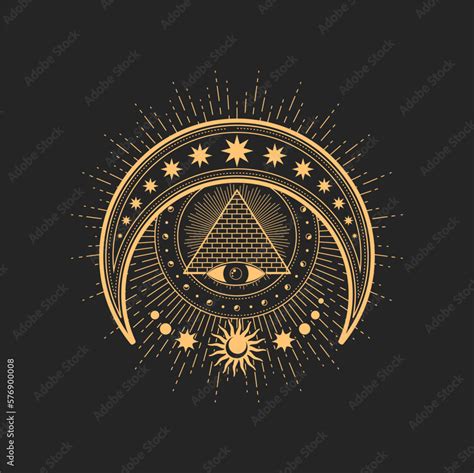 Crescent, Eye of Providence, egyptian pyramid, moon, stars and sun esoteric occult symbols ...