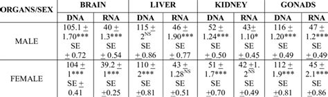 Showing 2011 12 Year Dna And Rna Content Mggm In Different Tissues Download Scientific