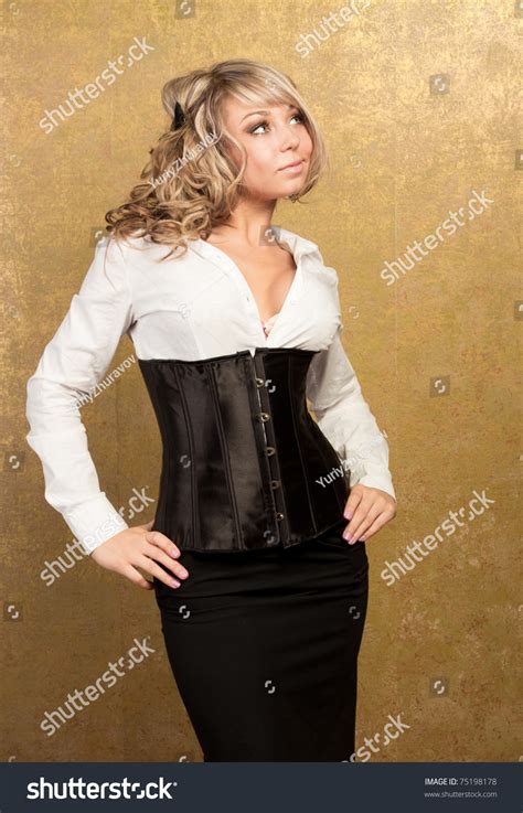 Sexy Blonde Woman Corset Skirt On Stock Photo 75198178 Shutterstock